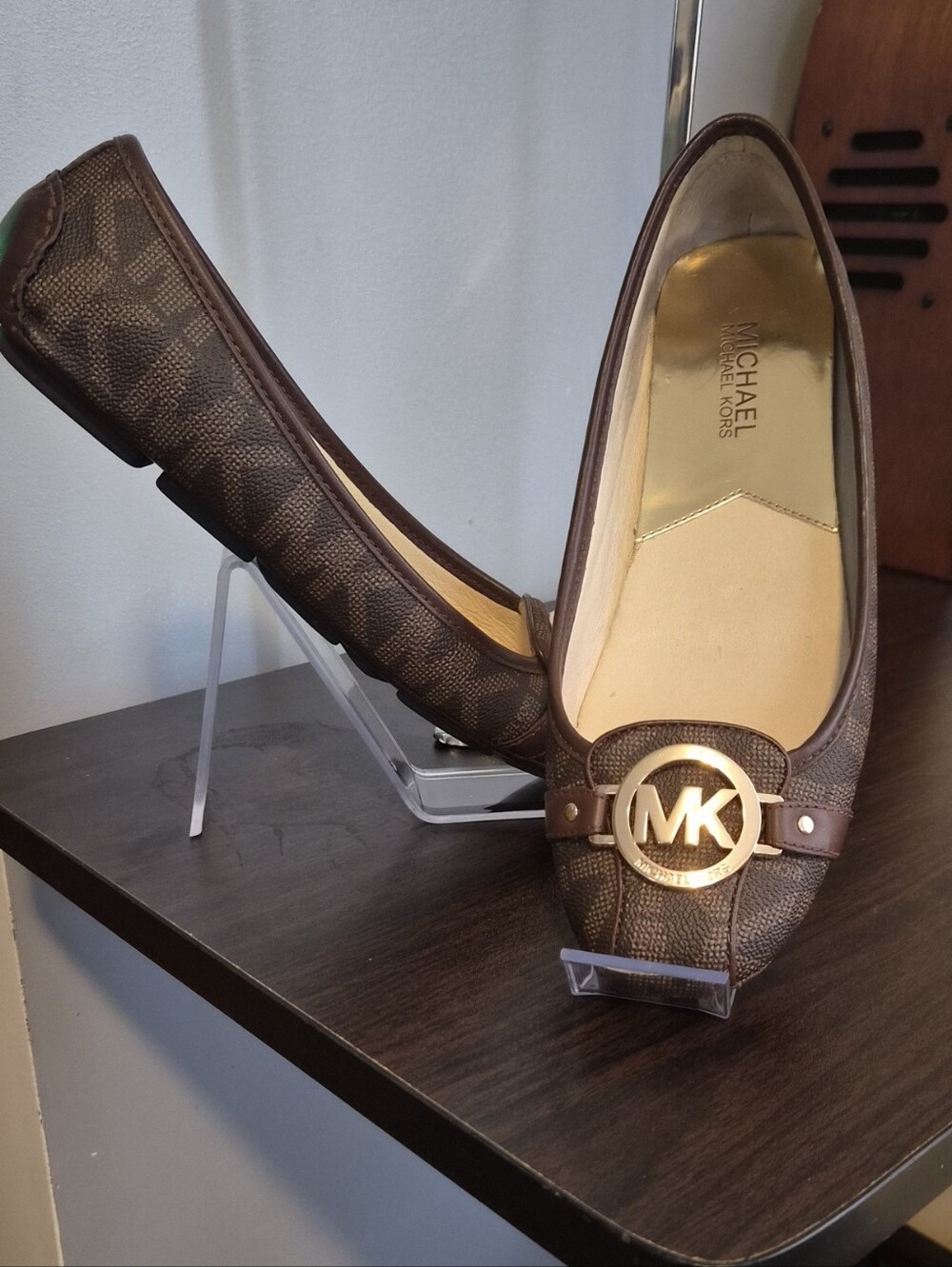 Michael Kors Brown Monogram Logo Ballet Flats with Gold MK Emblem